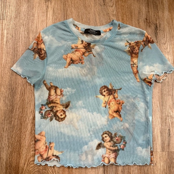Mesh Tee Shirt Women’s Med Baby Blue Musical Angels Cupid Celestial Renaissance - Picture 1 of 6